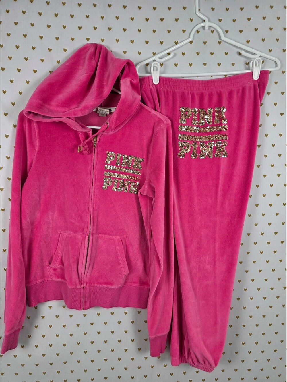 Victoria's Secret PINK Velour Bling Sequin Hoodie Jogger Set Pink S M Y2K